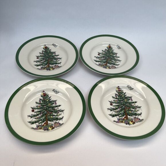 Spode Christmas Tree Bread & Butter Plates Green Band Lot of 4 - Retail $26 each - Picture 3 of 12